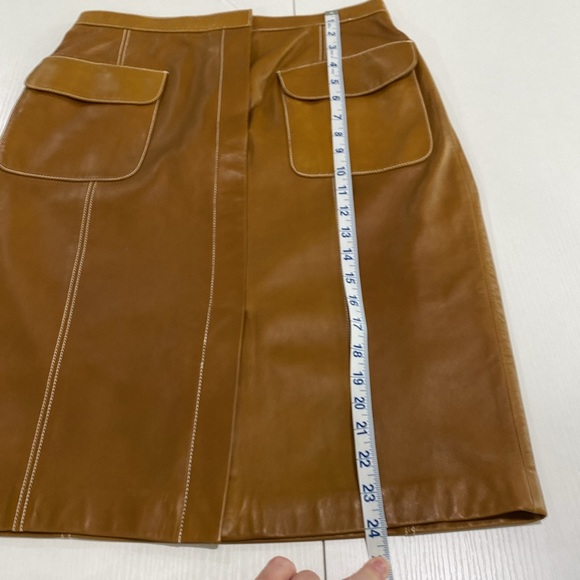 Linda Allard Ellen Tracy cognac brown lamb leather pencil skirt w patch pockets - Picture 12 of 13
